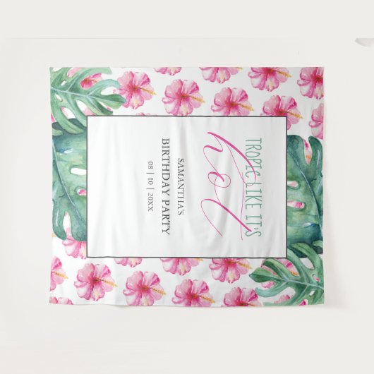 Tropische Roze Bloem Verjaardagsfeest Achtergrond Wandkleed (Voorkant (horizontaal))