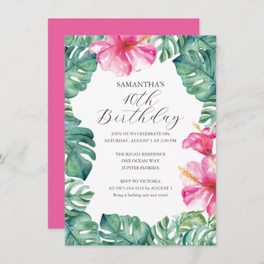 Tropische Roze Bloemen 40e Verjaardag Uitnodigen Kaart (Voorkant / Achterkant)