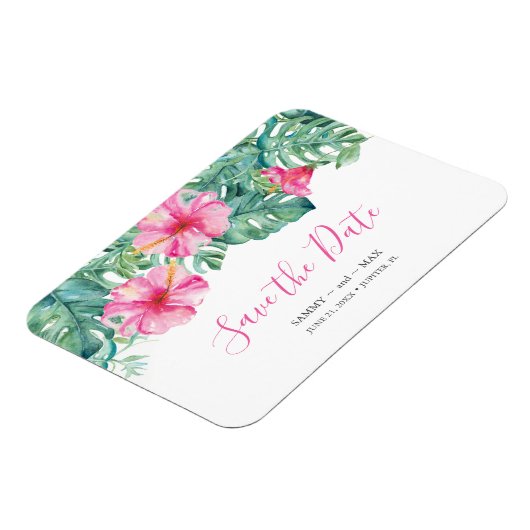 Tropische roze bloemen bewaren de datum magneet (Linkerzijde)