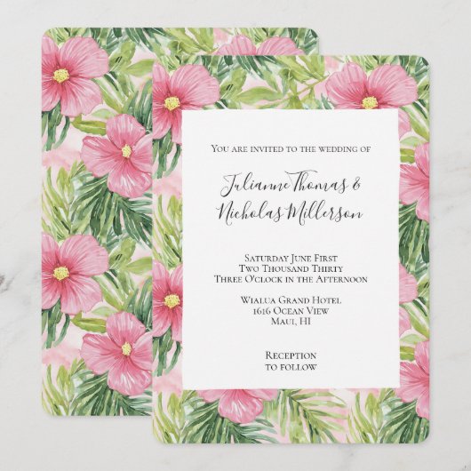 Tropische roze bloemen bruiloft kaart (Voorkant / Achterkant)