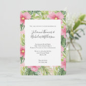 Tropische roze bloemen bruiloft kaart (Staand voorkant)