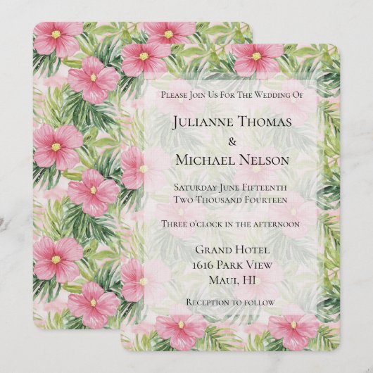 Tropische roze bloemen bruiloft kaart (Voorkant / Achterkant)
