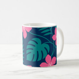 Tropische Roze Bloemen en Groene Bladerdesign Koffiemok