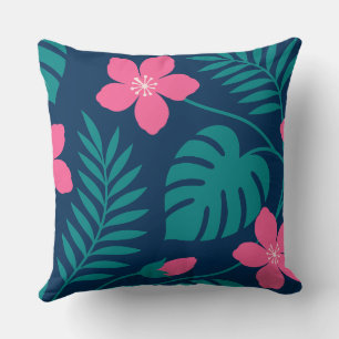 Tropische Roze Bloemen en Groene Bladerdesign Kussen