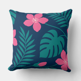 Tropische Roze Bloemen en Groene Bladerdesign Kussen