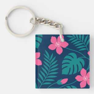 Tropische Roze Bloemen en Groene Bladerdesign Sleutelhanger