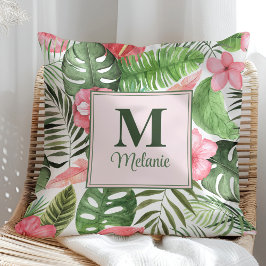 Tropische roze bloemen en Monstera Monogram Kussen