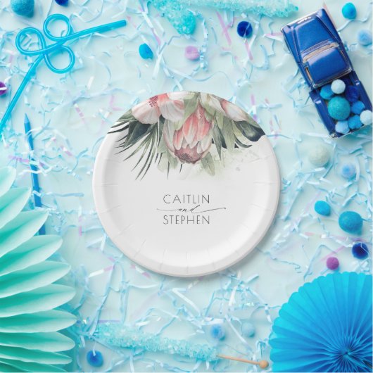 Tropische roze bloemen en palmen groen bruiloft papieren bordje (Feest)