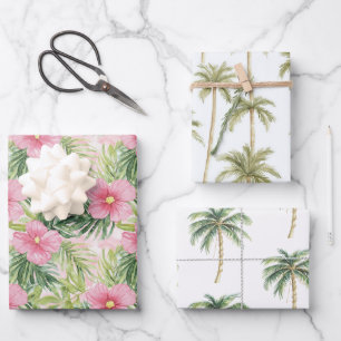 Tropische Roze Bloemen Gouden Palm Bomen Huwelijk Inpakpapier Vel