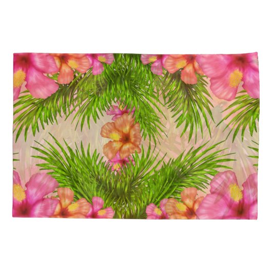 Tropische roze bloemen groene bladeren bloemenchiq kussensloop (Achterkant)