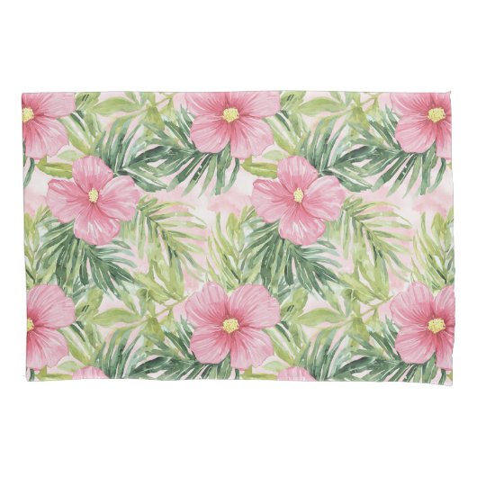 Tropische Roze Bloemen Groene Strepen Kussensloop (Voorkant-Links)