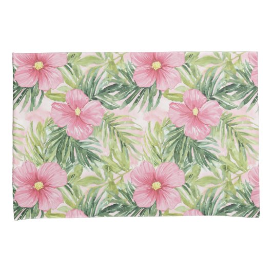 Tropische Roze Bloemen Groene Strepen Kussensloop (Voorkant-Rechts)