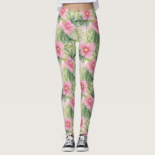 Tropische roze bloemen leggings (Voorkant)
