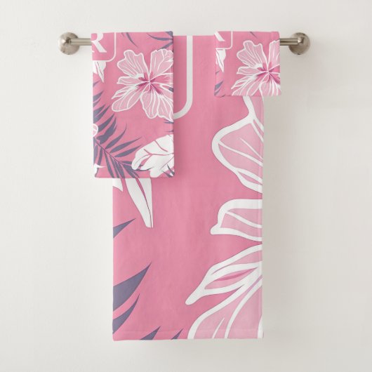 Tropische roze bloemen Monogram fleece deken Bad Handdoek (Insitu)