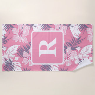 Tropische roze bloemen Monogram fleece deken Strandlaken