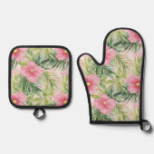 Tropische roze bloemen ovenwant & pannenlap set (Voorkant)