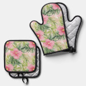 Tropische roze bloemen ovenwant & pannenlap set (Voorkant / Achterkant)