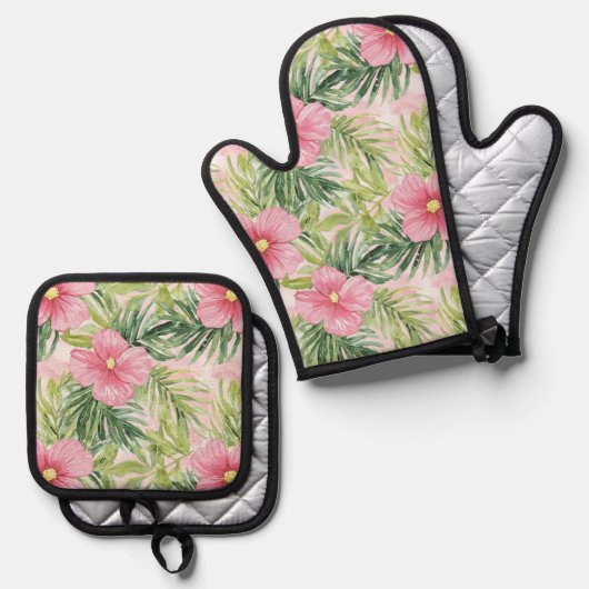 Tropische roze bloemen ovenwant & pannenlap set (Voorkant / Achterkant)