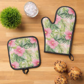 Tropische roze bloemen ovenwant & pannenlap set (Top down)