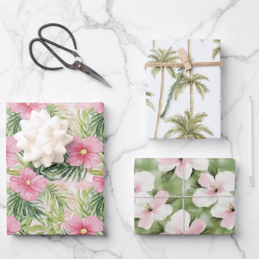 Tropische Roze Bloemen Palmbomen Trouwen Inpakpapier Vel (Voorkant)