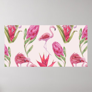 Tropische roze bloemen, protea, paradijsvogel poster