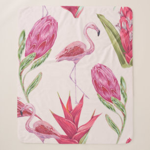 Tropische roze bloemen, protea, paradijsvogel sherpa deken