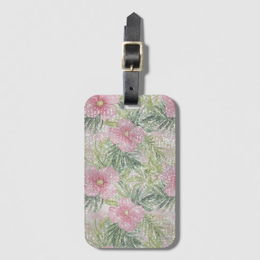 Tropische roze bloemen schitteren bagagelabel (Voorkant (verticaal))