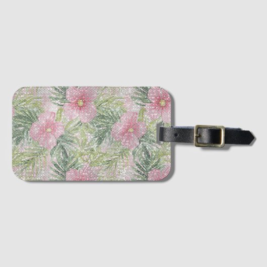 Tropische roze bloemen schitteren bagagelabel (Voorkant (horizontaal))