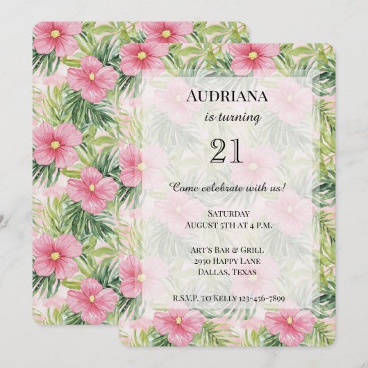 Tropische roze bloemen verjaardag kaart (Voorkant / Achterkant)