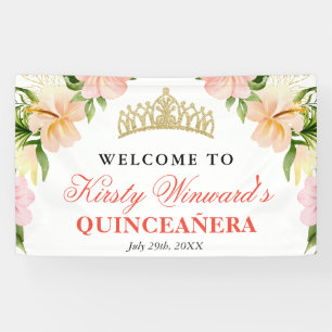 Tropische Roze Bloemen Welkom Quinceanera Spandoek