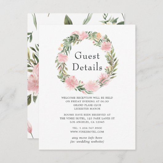 Tropische roze bloemenbruiloft Gast Details Informatiekaartje (Voorkant / Achterkant)