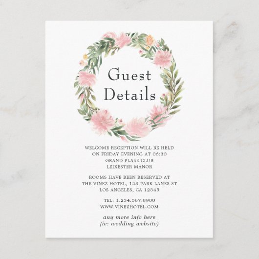 Tropische roze bloemenbruiloft Gast Details Informatiekaartje (Voorkant)