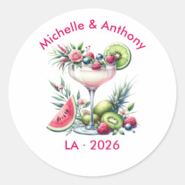Tropische Roze Cocktail Bruiloft Ronde Sticker