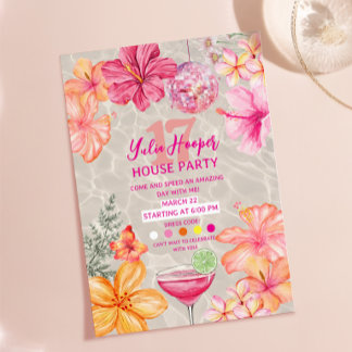 Tropische Roze Disco Bal Hibiscus Zwembad Verjaard Kaart