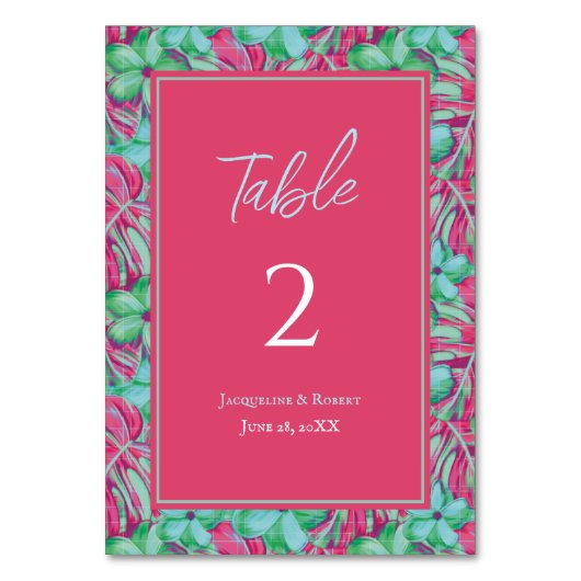 Tropische roze en groene bloemen bruiloft kaart (Achterkant)