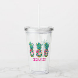 Tropische roze en groene bloemenananas acryl drinkbeker