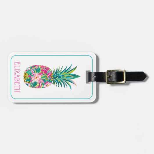 Tropische roze en groene bloemenananas bagagelabel (Voorkant horizontaal)