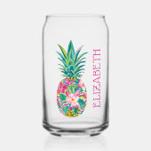 Tropische roze en groene bloemenananas blikvorm glas (Voorkant)