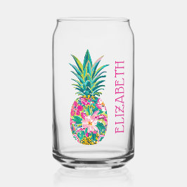 Tropische roze en groene bloemenananas blikvorm glas