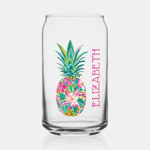 Tropische roze en groene bloemenananas blikvorm glas