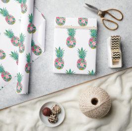 Tropische roze en groene bloemenananas cadeaupapier