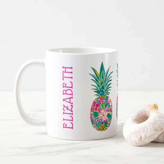 Tropische roze en groene bloemenananas koffiemok (Met donut)