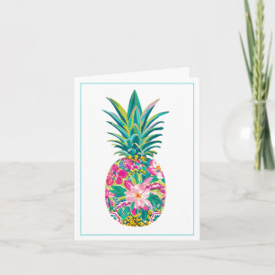 Tropische roze en groene bloemenananas notitiekaartje