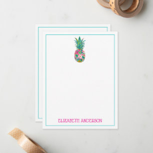 Tropische roze en groene bloemenananas notitiekaartje