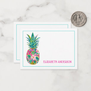 Tropische roze en groene bloemenananas notitiekaartje