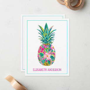 Tropische roze en groene bloemenananas notitiekaartje