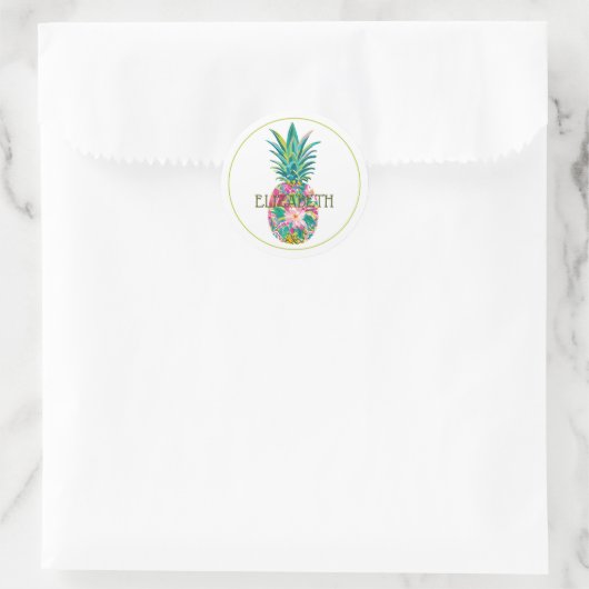 Tropische roze en groene bloemenananas ronde sticker (Tas)