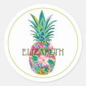 Tropische roze en groene bloemenananas ronde sticker (Voorkant)