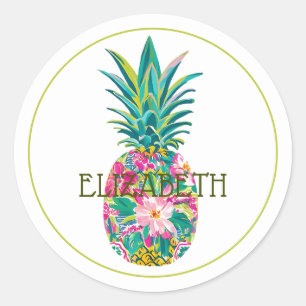 Tropische roze en groene bloemenananas ronde sticker