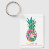 Tropische roze en groene bloemenananas sleutelhanger (Voorkant)